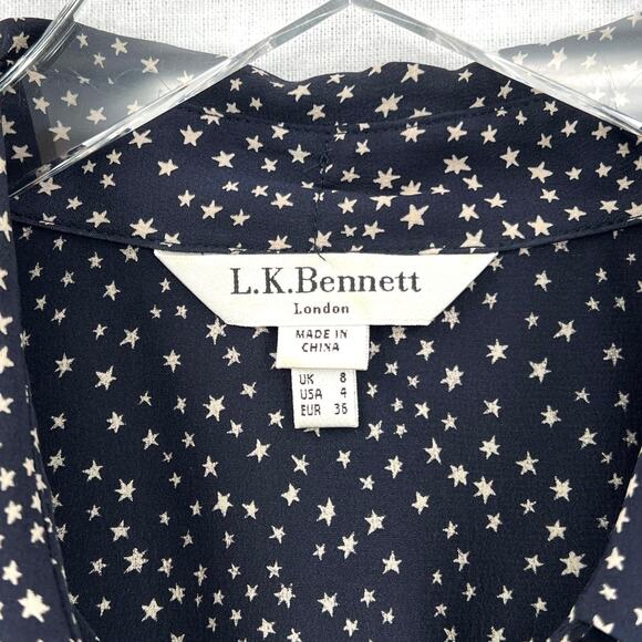 LK BENNET Tillila Silk Star Print Tea Dress Women 4 Navy Blue Beige Puff Sleeve - Picture 13 of 16
